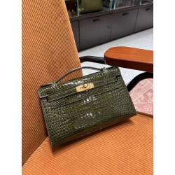 에르메스 Hermes Kelly Pochette Hcp Porosus Crocodile 6H Vert Veronese/gold
