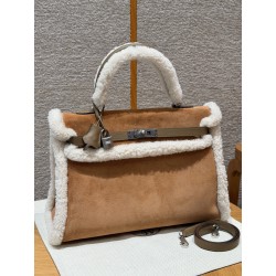 에르메스 Hermes Kelly Teddy 35cm Veau Grizzly and Swift and Shearling 37 Gold abd 3G Alezan/silver