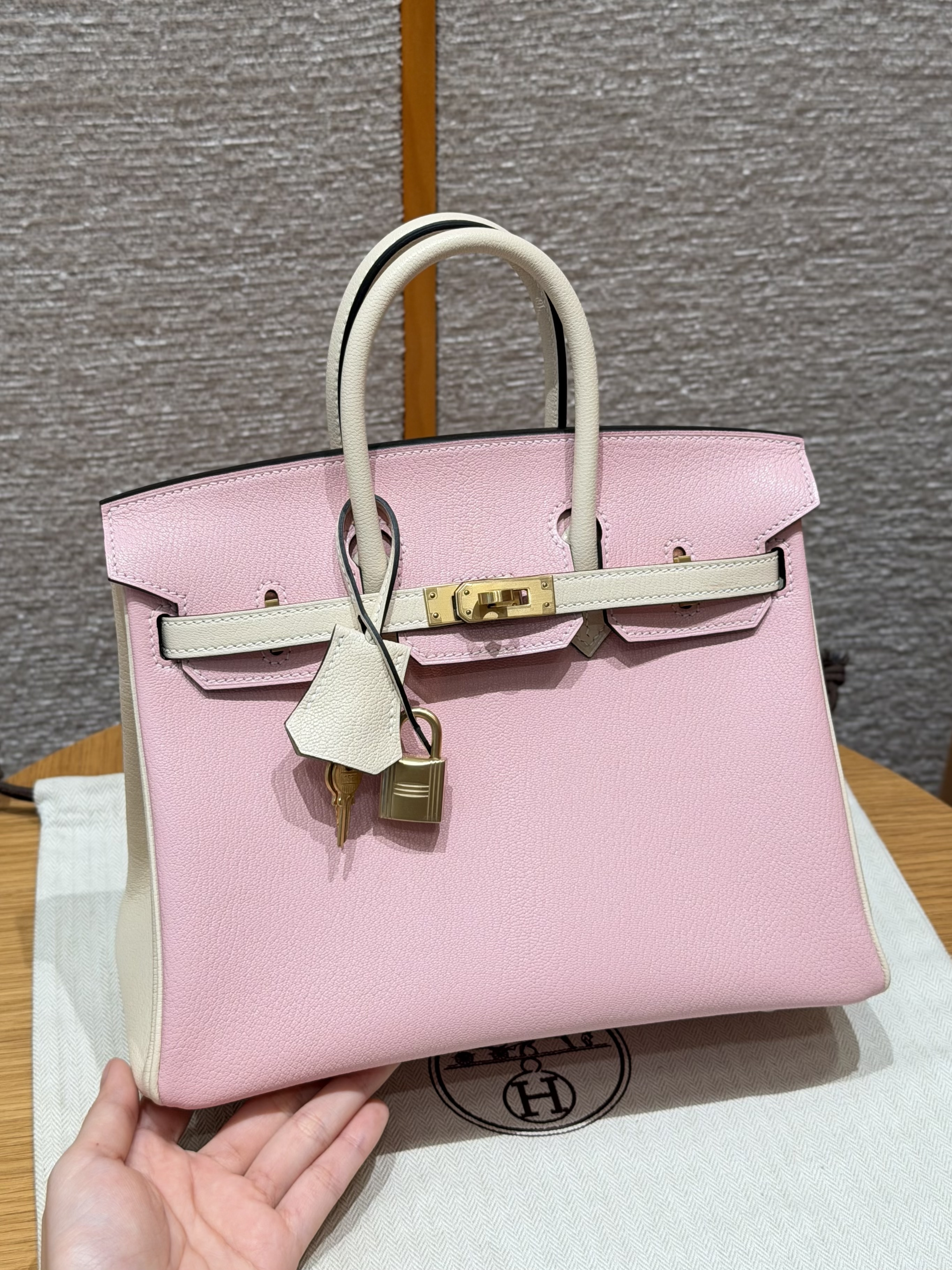 에르메스 Hermes Birkin 25cm Chèvre 3Q Rose Sakura and i2 Nata/gold