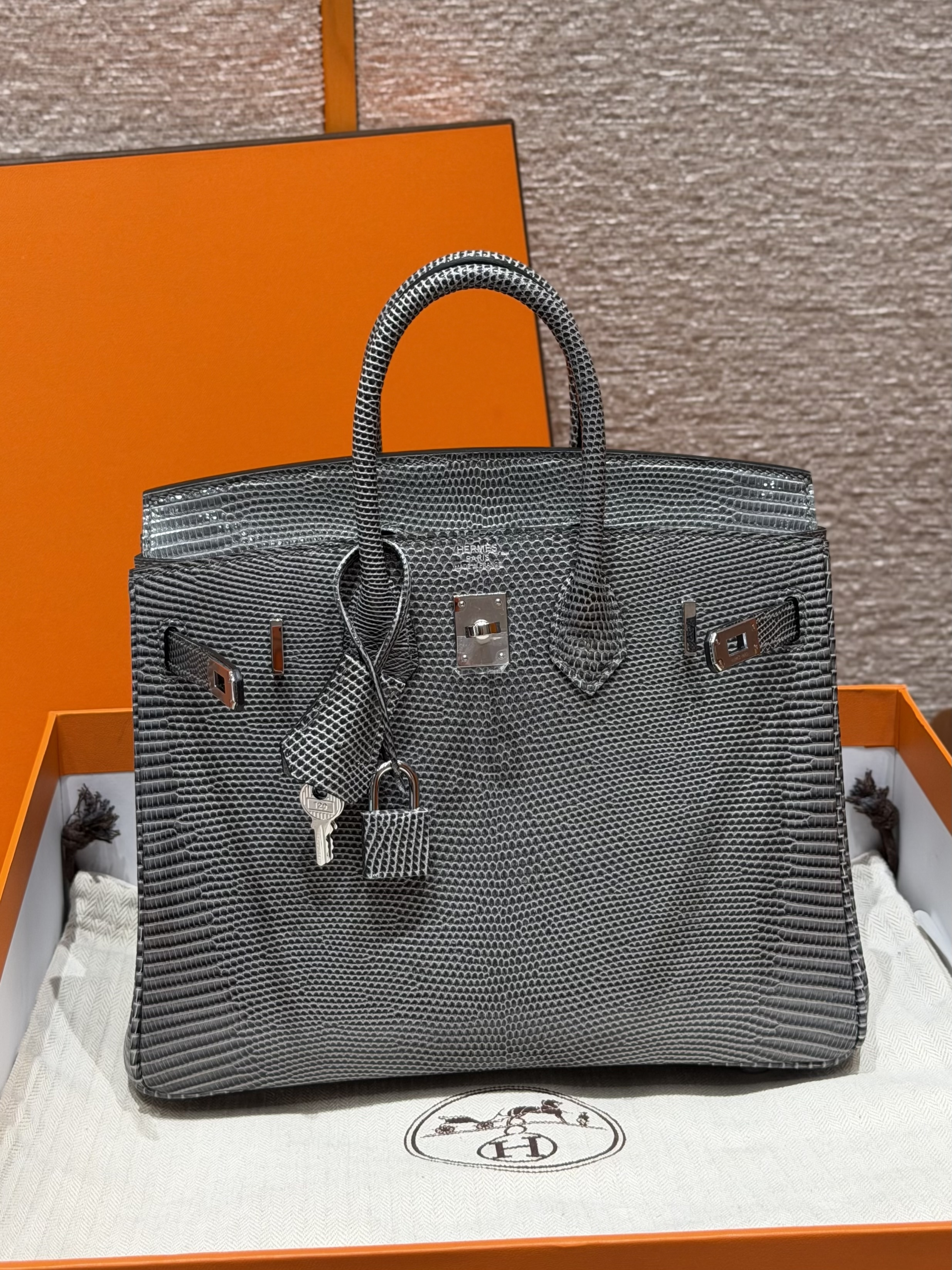 에르메스 Hermes Birkin 25cm Lizard 84 Gris Fonce/silver