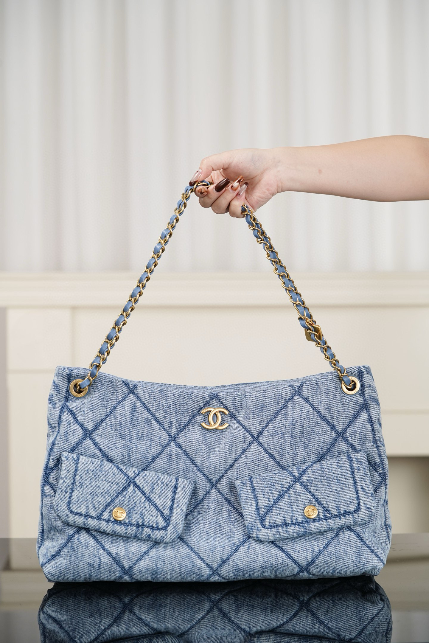 샤넬 Chanel 25k AS5740 Hobo Shopping Bag Blue 38cm