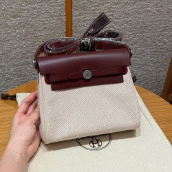 에르메스 Hermes Herbag mini 20cm canvas and cowhide ecru beige Rouge H/silver