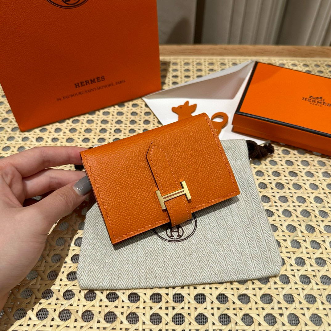 에르메스 Hermes Bearn card holder 10.3cm Epsom 93 Orange gold/silver