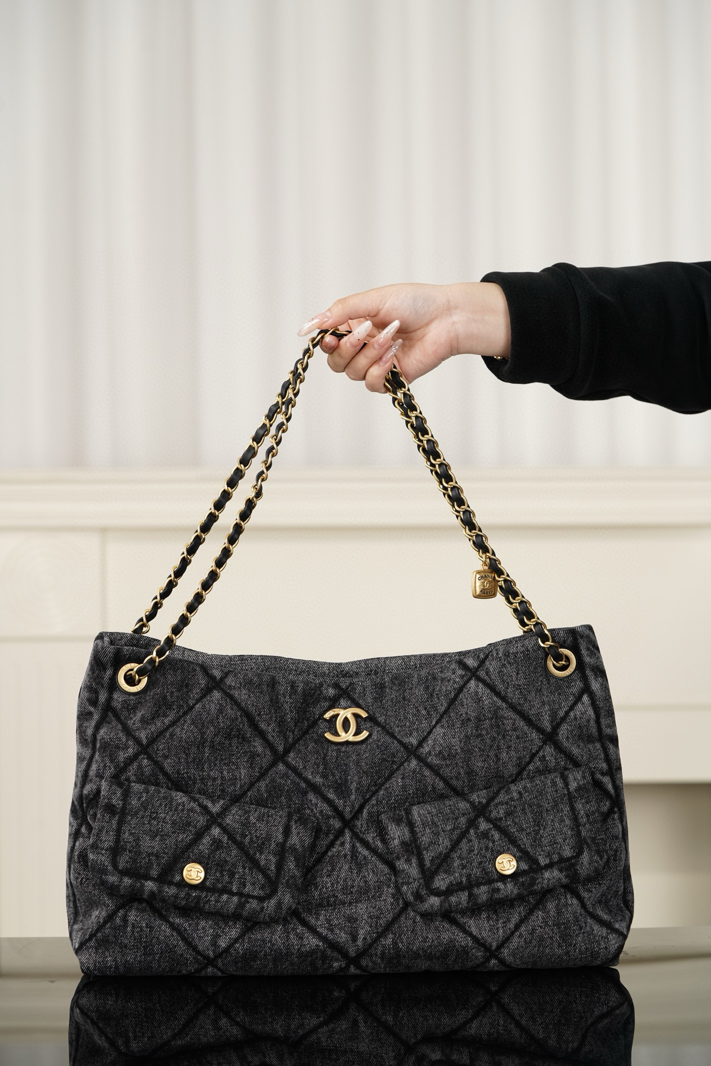 샤넬 Chanel 25k AS5740 Hobo Shopping Bag Black 38cm