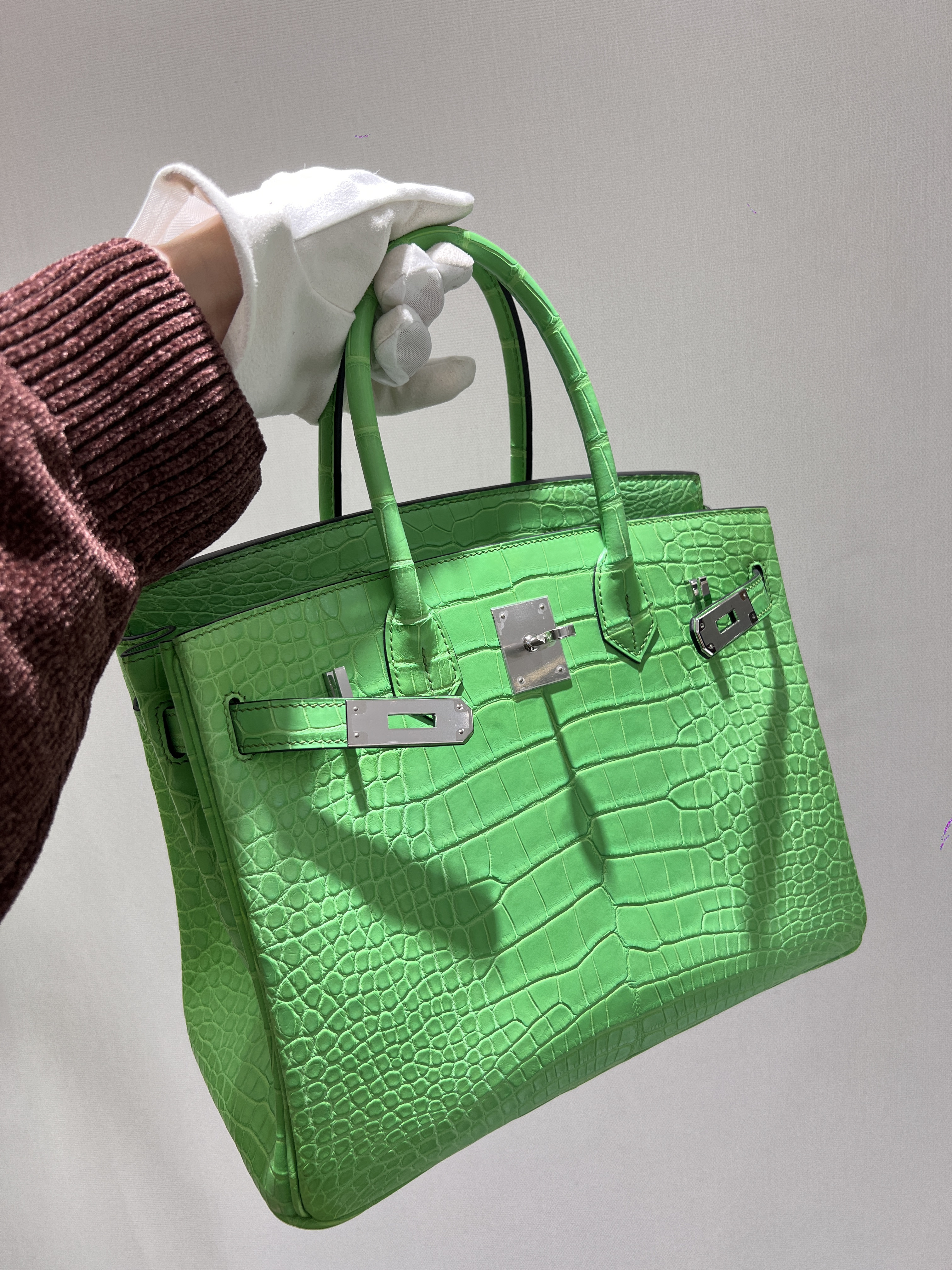 에르메스 Hermes Birkin 30cm France Hcp Alligator crocodile A8 Vert yucca/silver