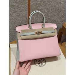 에르메스 Hermes Birkin 25cm Chèvre 3Q Rose Sakura and 80 Gris Perle Rose/gold