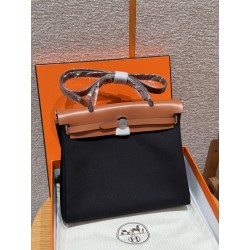 에르메스 Hermes Herbag 31cm canvas and cowhide 89 Noir and Fauve/silver