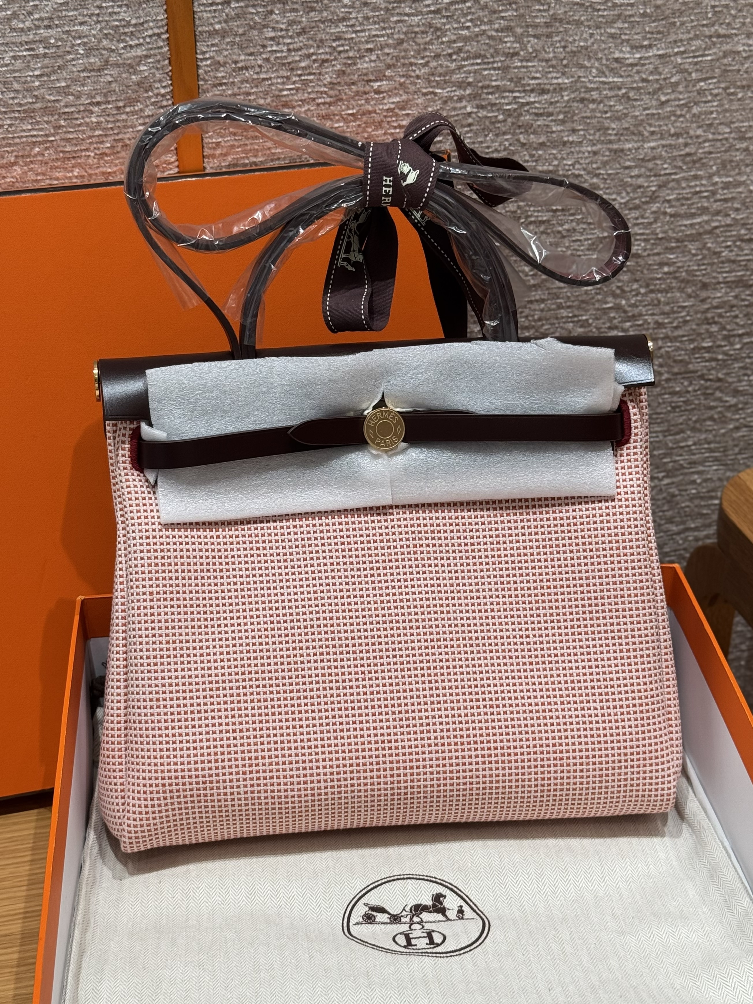 에르메스 Hermes Herbag 31cm canvas and cowhide Farbe ecru-Brique-mauve pale-rouge sellier/gold