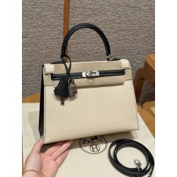 에르메스 Hermes Kelly 25cm Chèvre i2 Nata and 89 Noir/silver