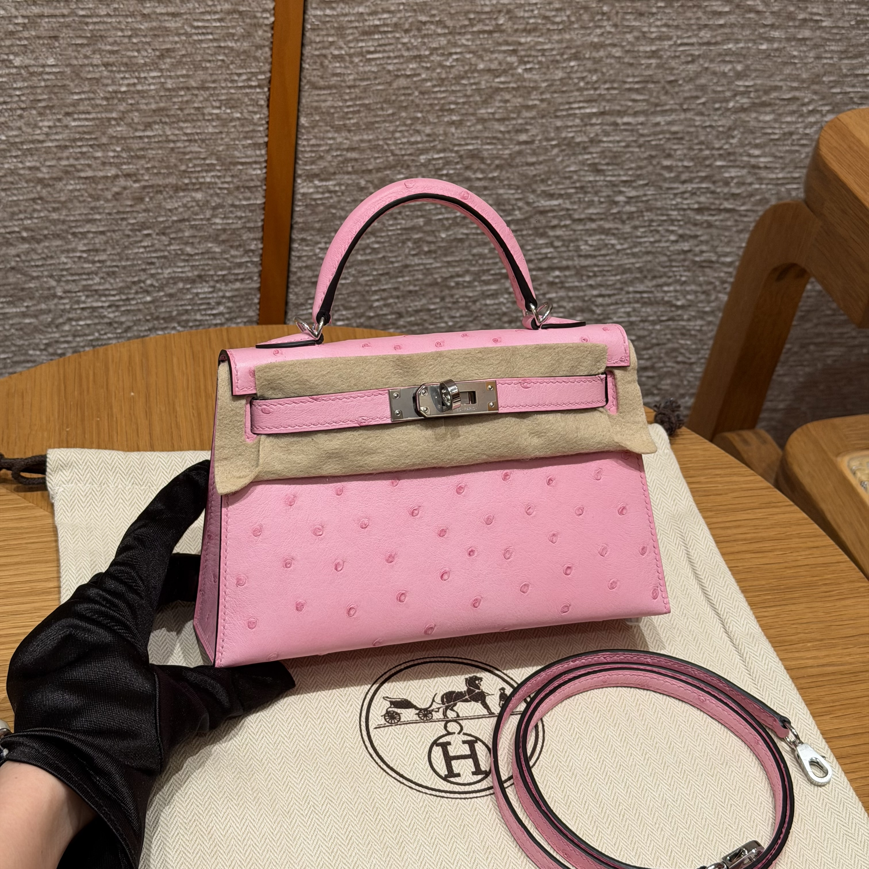 에르메스 Hermes Mini Kelly 19cm KK ostrich 5P Pink/silver