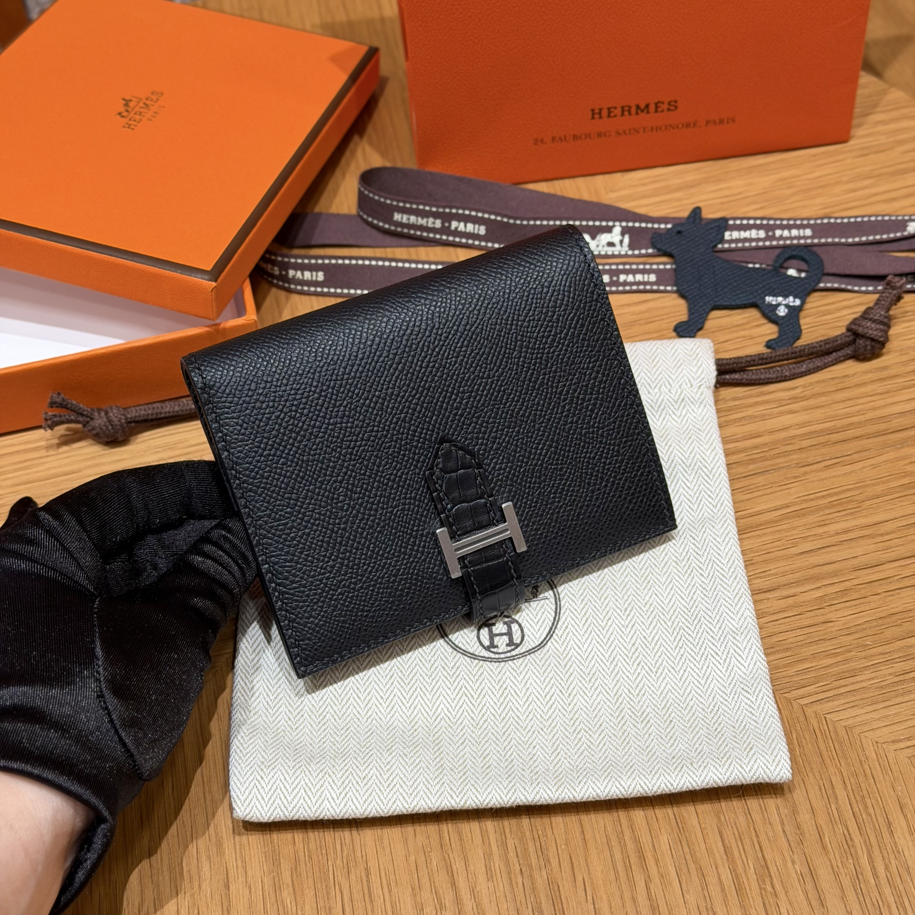 에르메스 Hermes Bearn Compact wallet 12cm Epsom and Alligator 89 Noir/silver