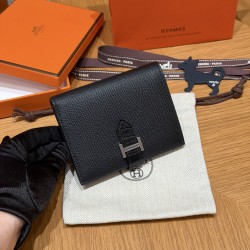 에르메스 Hermes Bearn Compact wallet 12cm Epsom and Alligator 89 Noir/silver