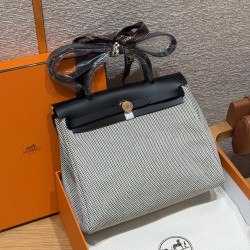 에르메스 Hermes Herbag 31cm canvas and cowhide Ecru noir nior/gold
