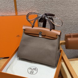 에르메스 Hermes Herbag 31cm canvas and cowhide Etoupe and Fauve/silver