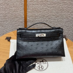 에르메스 Hermes Kelly Pochette 22cm KK ostrich 89 Noir/silver