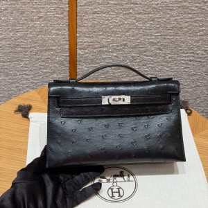 에르메스 Hermes Kelly Pochette 22cm KK ostrich 89 Noir/silver
