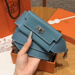 에르메스 Hermes Kelly Pocket strap Epsom and Swift 75 Blue Jean/silver
