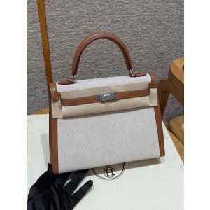 에르메스 Hermes Toile H Kelly 25cm Swift and Canvas 37 Gold/silver