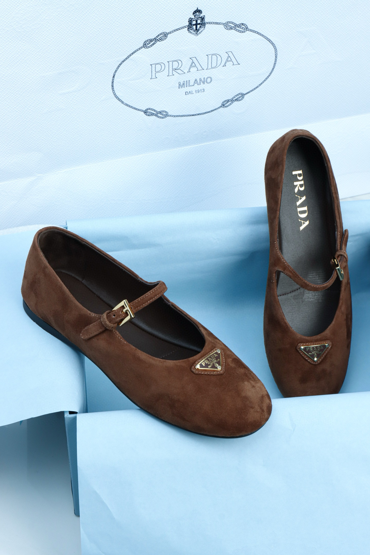 프라다 Prada Suede Ballerinas Cocoa Brown