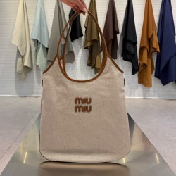 미우 미우 Miu Miu 5BG231 Ivy canvas and leather bag Beige 35cm