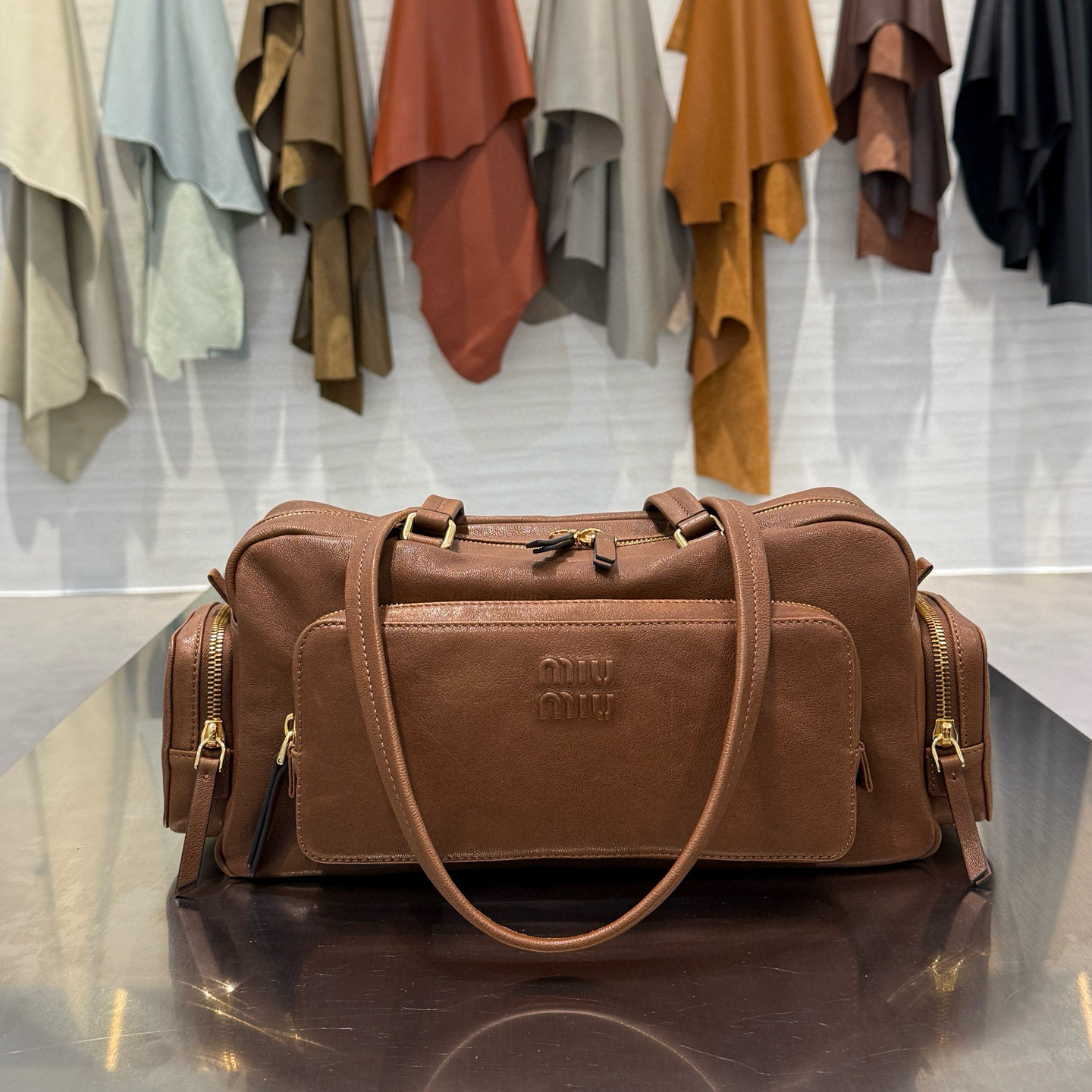 미우 미우 Miu Miu 5BB159 Pocket nappa leather top-handle bag Caramel 32cm