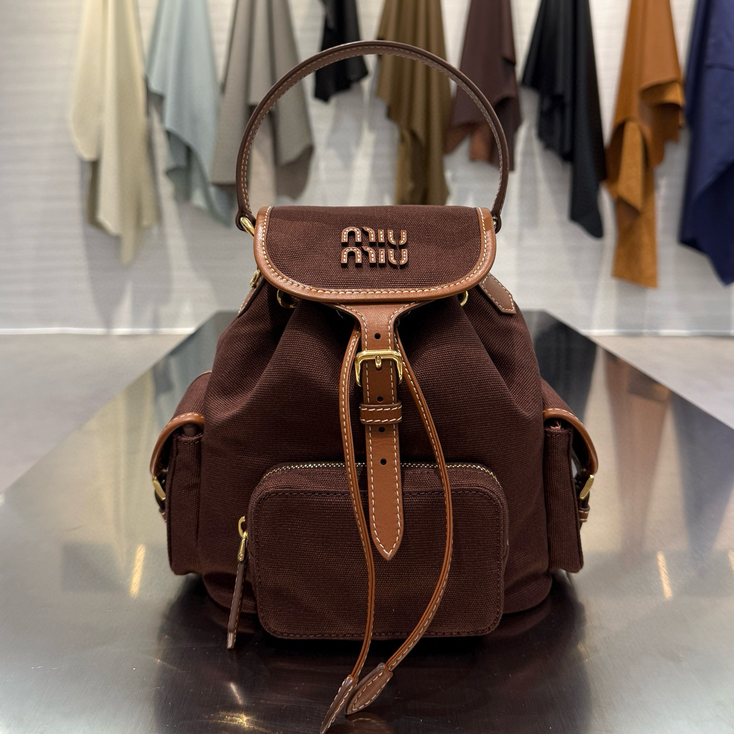 미우 미우 Miu Miu 5BZ043 Canvas and leather backpack Cocoa Brown 18cm