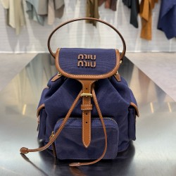 미우 미우 Miu Miu 5BZ043 Canvas and leather backpack Cornflower Blue 18cm