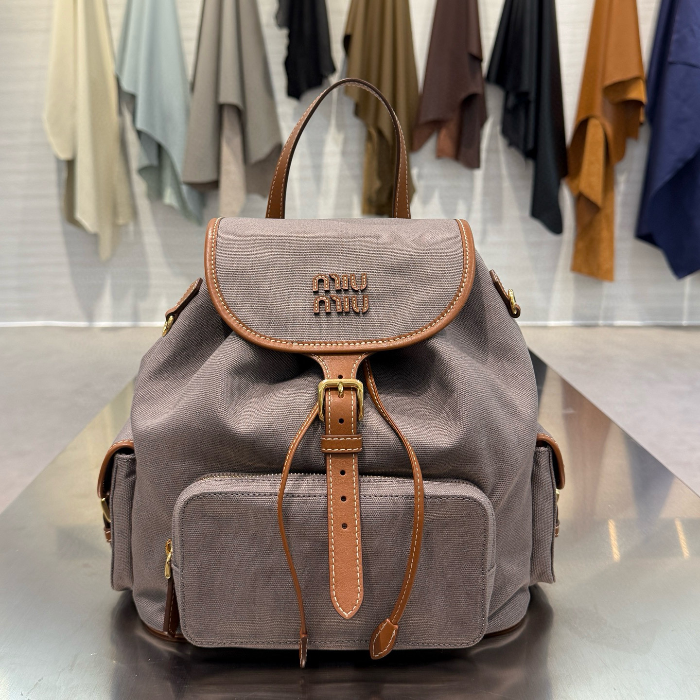 미우 미우 Miu Miu 5BZ042 Canvas and leather backpack Aluminum 30cm