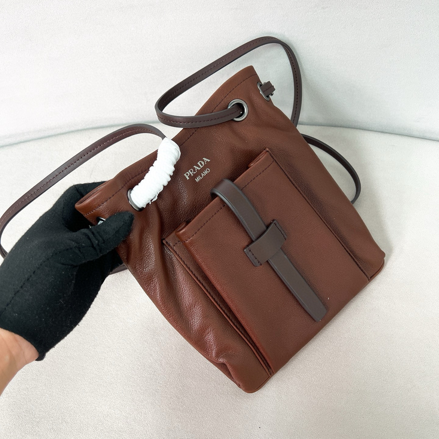 프라다 Prada 1BH288 Route 가죽 미니 숄더백 Brown 24cm