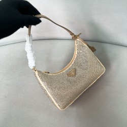 프라다 Prada 1BC204 Re-Edition 2005 크리스털 장식 새틴 미니백 Sand Beige 22cm