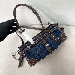 프라다 Prada 1BA426 Bonnie 미디엄 데님 및 가죽 핸드백 Blue and Coffee 32cm