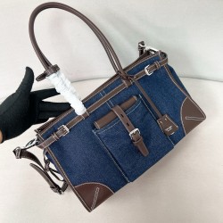 프라다 Prada 1BA433 Bonnie 라지 데님과 가죽 핸드백 Blue and Coffee 38cm