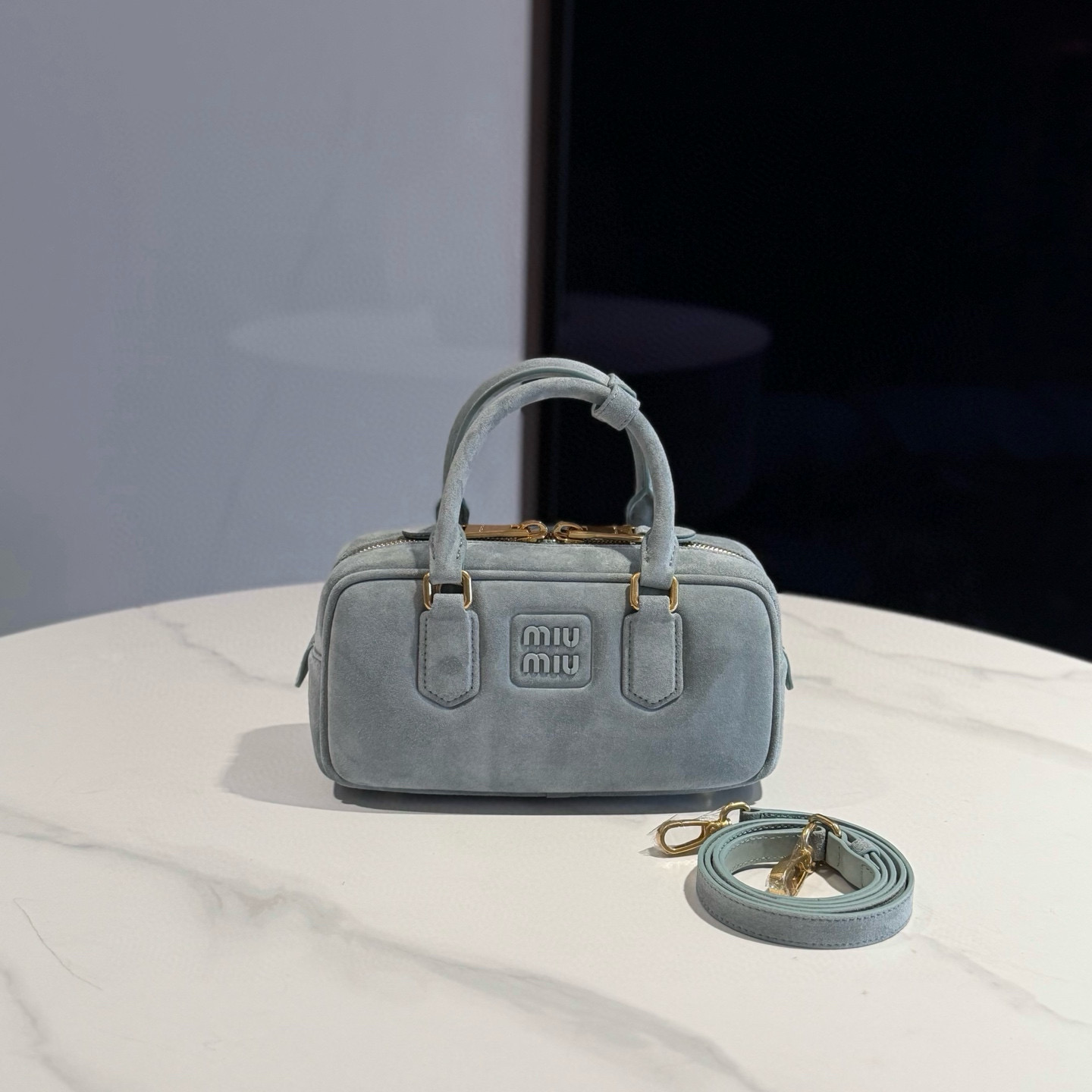 미우 미우 Miu Miu 5BB142 Arcadie 스웨이드 백 Powder Blue 22cm