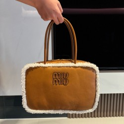 미우 미우 Miu Miu 5BB117 Beau  Shearling Top-Handle Bag Cognac Natural 31cm