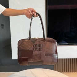 미우 미우 Miu Miu 5BB117-3 Leather Patchwork Beau Bag Brown 34cm