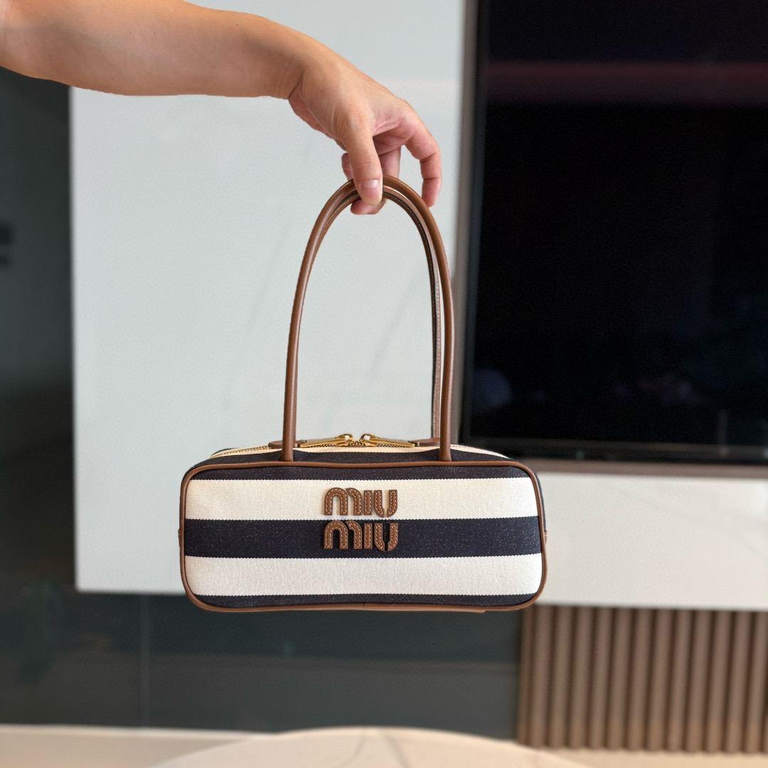 미우 미우 Miu Miu 5BB173 Canvas and Leather Beau Bag Blue Beige 28cm