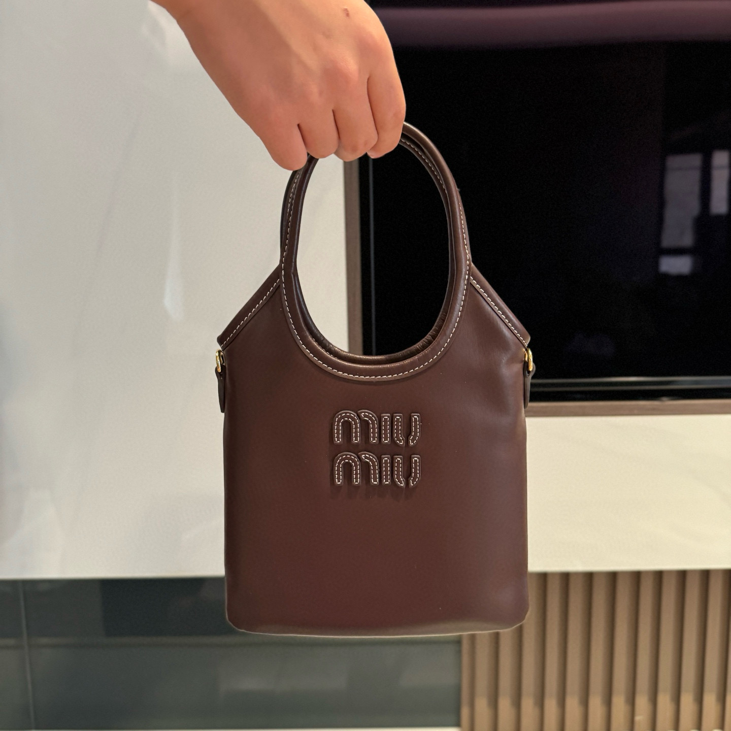 미우 미우 Miu Miu 5BA281 Ivy 가죽 핸드백 Briarwood 20cm