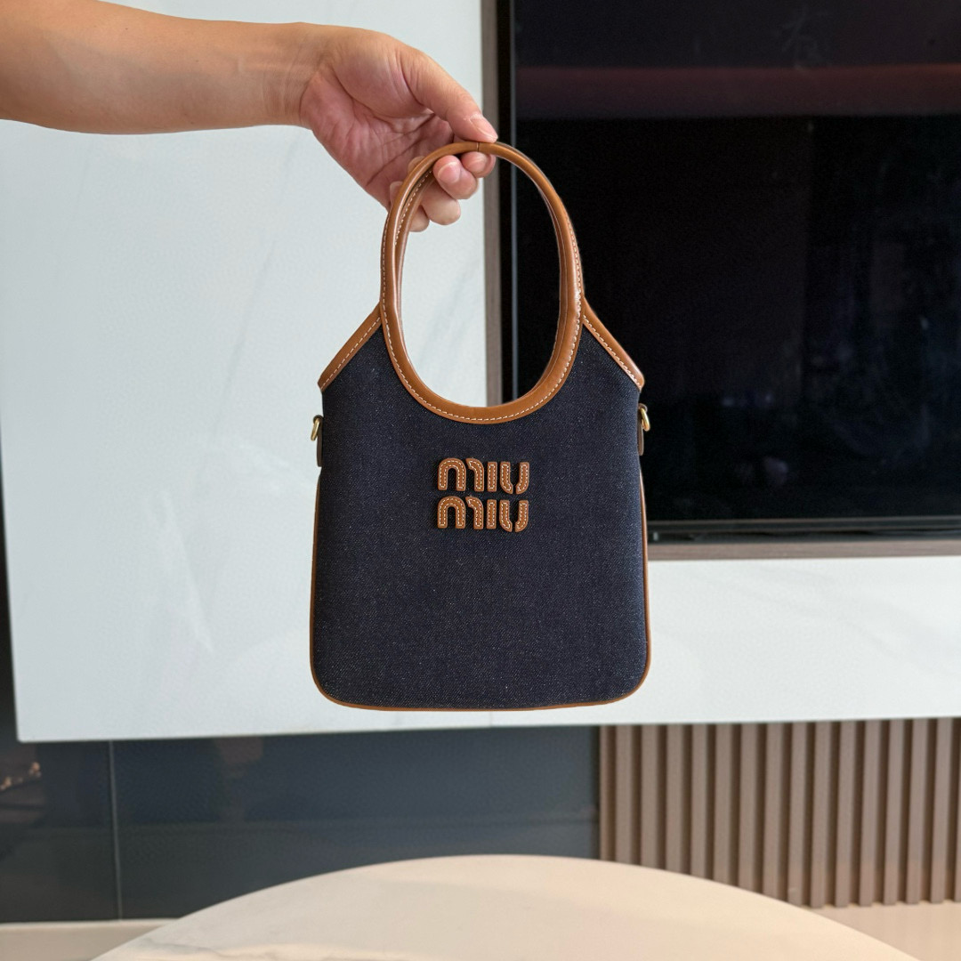 미우 미우 Miu Miu 5BA281 Ivy Denim Handbag Blue Brandy 20cm