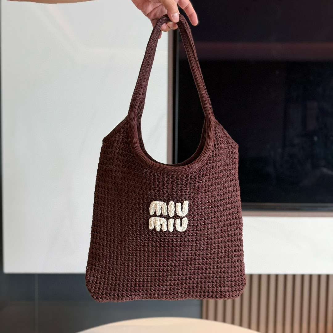 미우 미우 Miu Miu 5BG231 Ivy Raffia Effect Woven Tote Bag Cocoa Chalk White 35cm