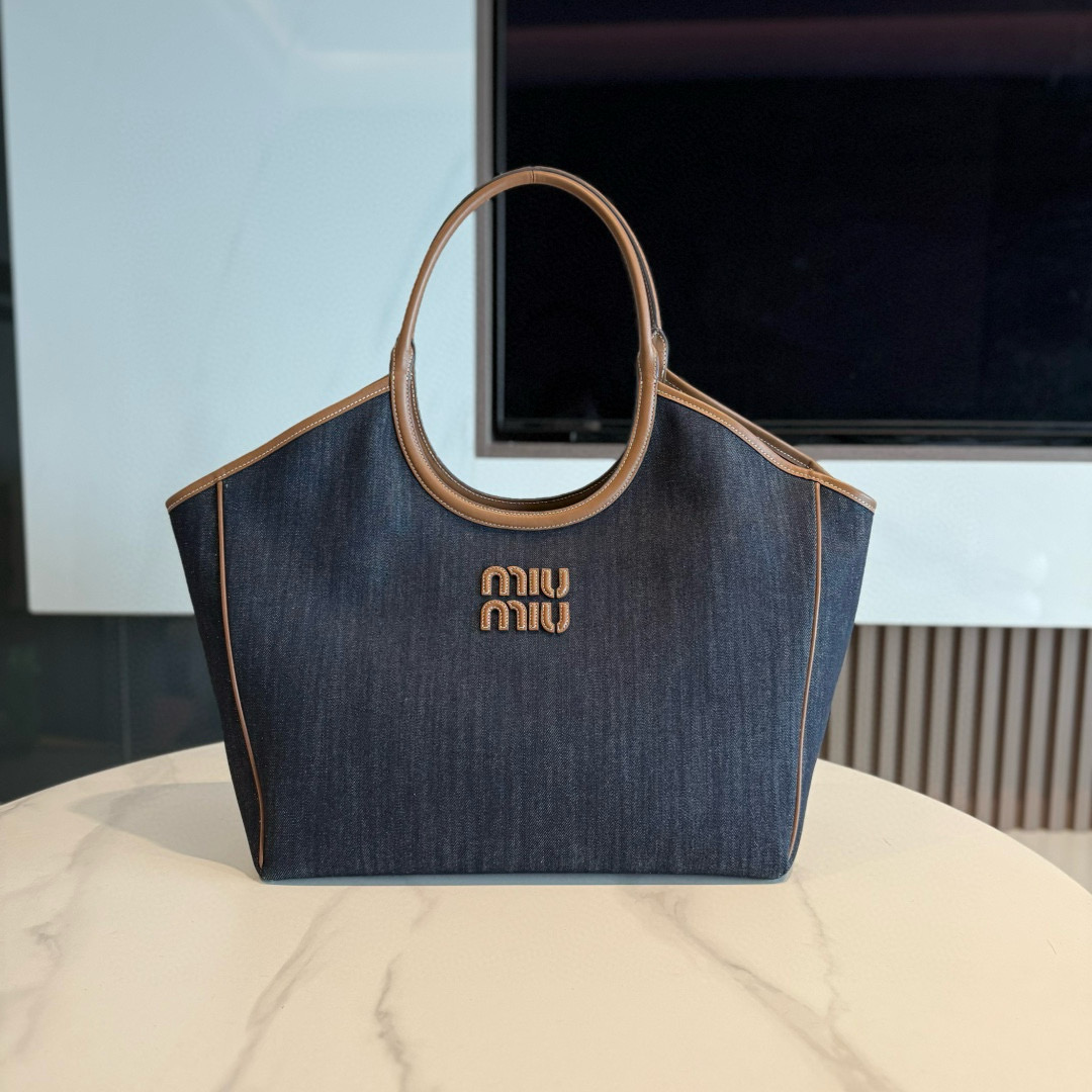 미우 미우 Miu Miu 5BG276 Ivy 데님 백 Blue and Brandy 36cm
