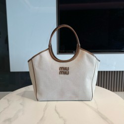 미우 미우 Miu Miu 5BG276 Ivy 및 가죽 아이비 백 Beige and Brandy 36cm