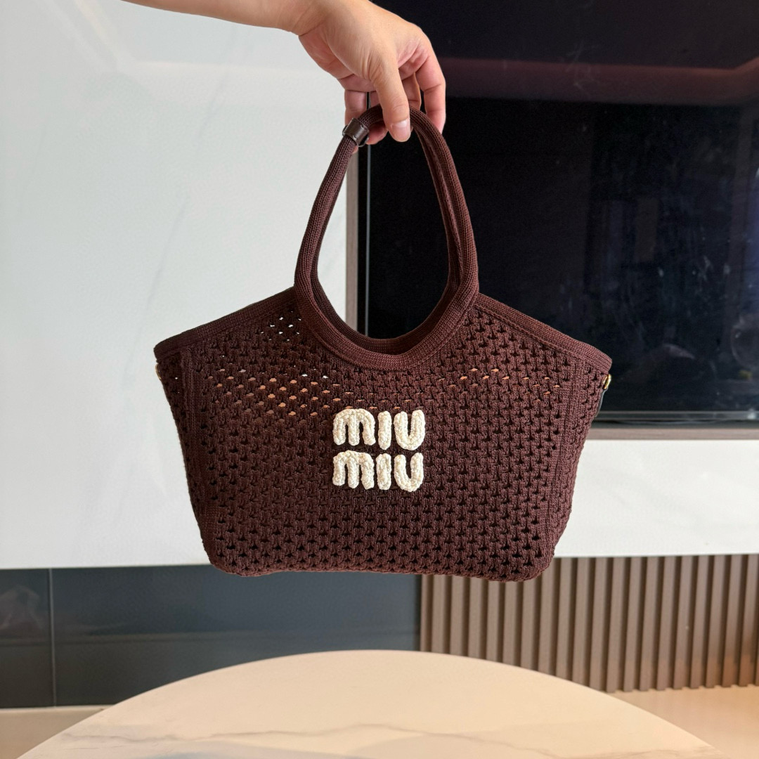 미우 미우 Miu Miu 5BG281 Cotton Mesh Ivy Tote Bag Cocoa 28cm