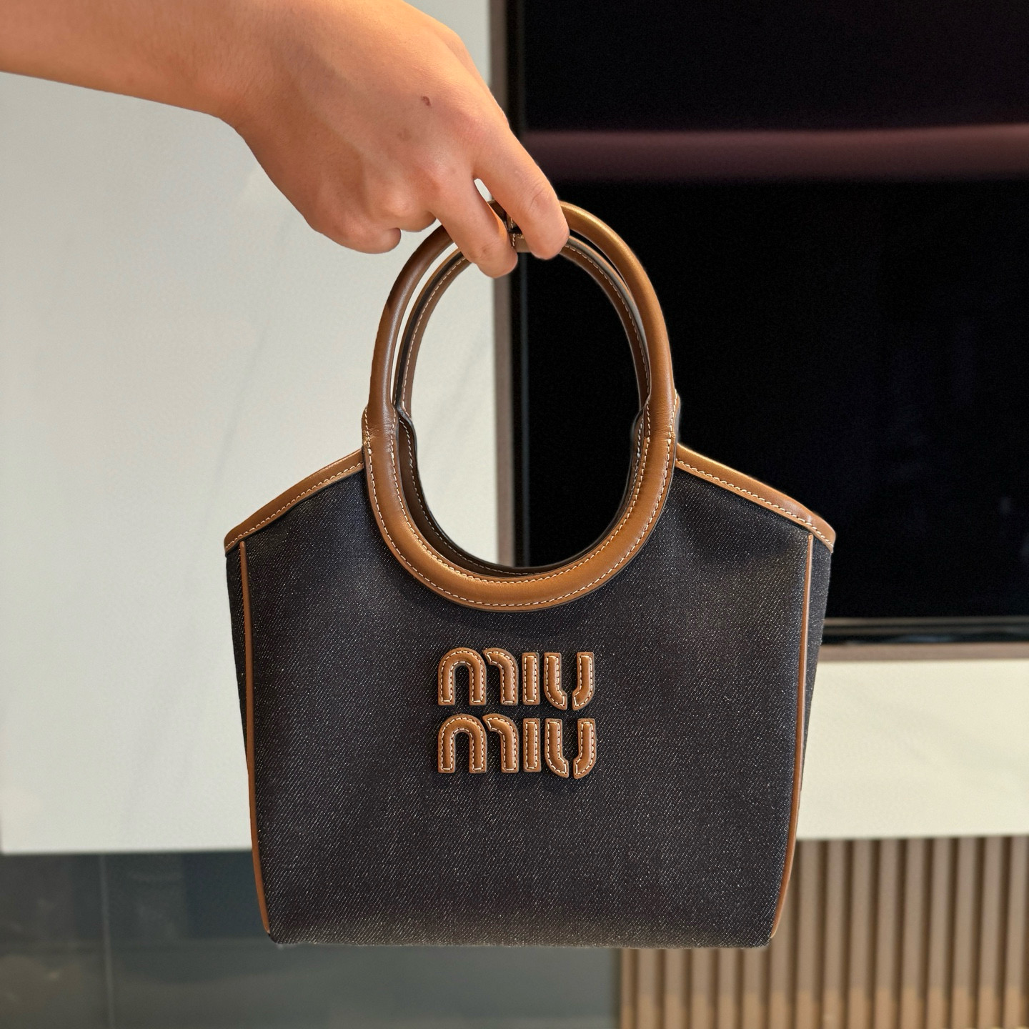 미우 미우 Miu Miu 5BG288 Ivy denim bag Blue Brandy 22cm