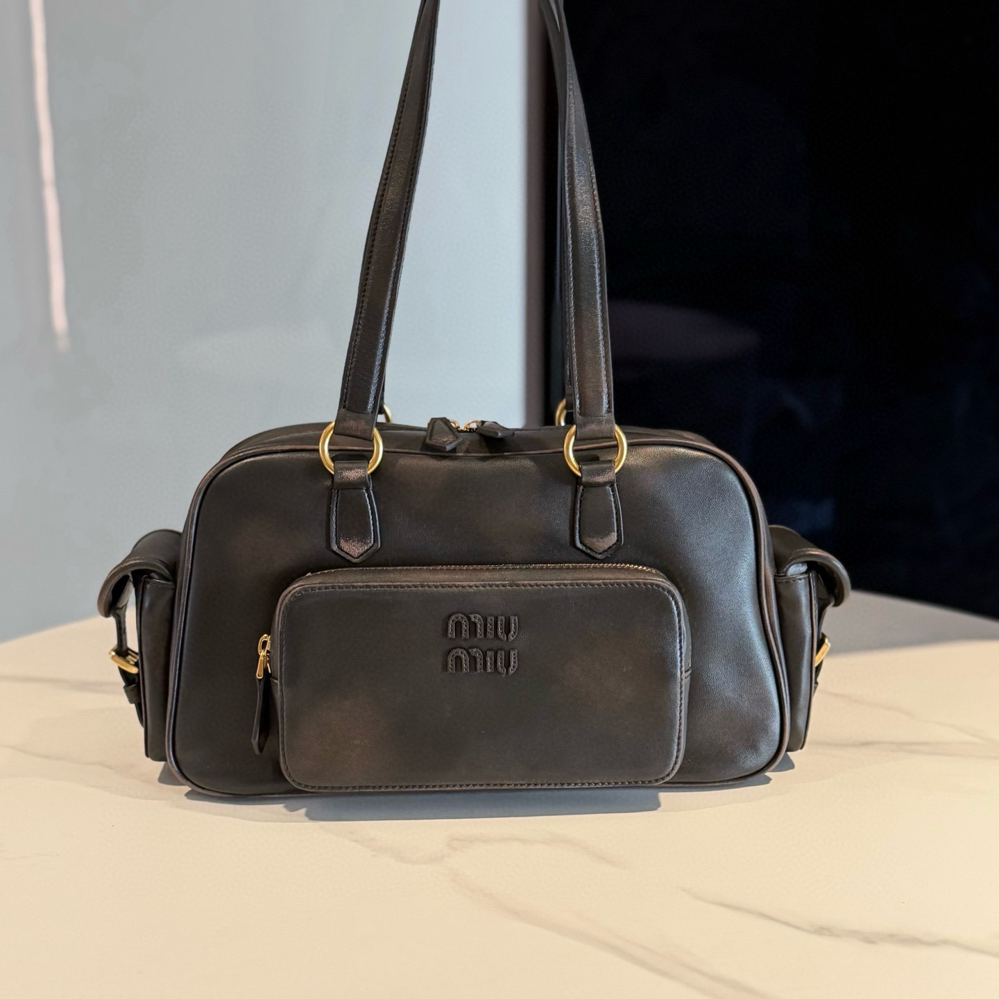 미우 미우 Miu Miu 5BB179 Pocket 나파 가죽 탑 핸들 백 Coffee 32cm