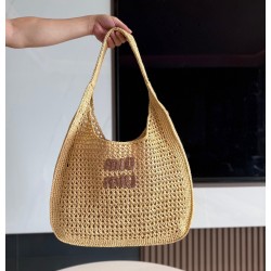 미우 미우 Miu Miu 5BC116 Raffia-Effect Woven Hobo Bag Beige Cognac 44cm