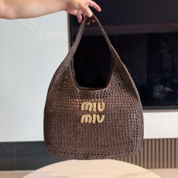 미우 미우 Miu Miu 5BC116 Raffia-Effect Woven Hobo Bag Cocoa Brown Natural 44cm