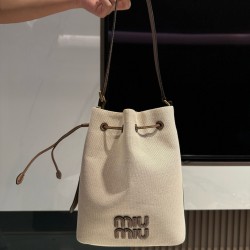 미우 미우 Miu Miu 5BE089 Canvas Leather Bucket Bag Beige Brandy 23cm