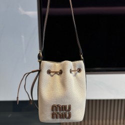 미우 미우 Miu Miu 5BE09 Canvas Leather Bucket Bag Beige Brandy 16cm