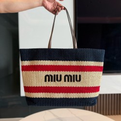 미우 미우 Miu Miu 5BG228 Raffia and Cotton Tote Bag Beige Blue 40cm