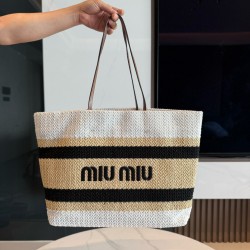 미우 미우 Miu Miu 5BG228 Raffia and Cotton Tote Bag Beige White 40cm
